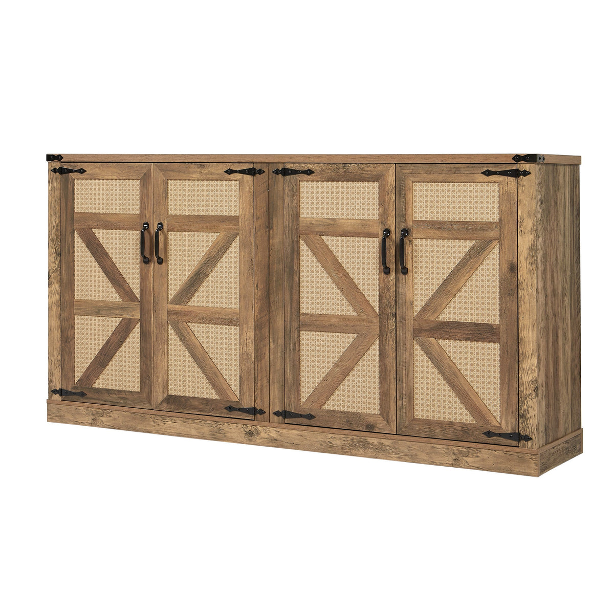 Rustic Oak Faux Rattan Sideboard Buffet, 65-Inch Storage