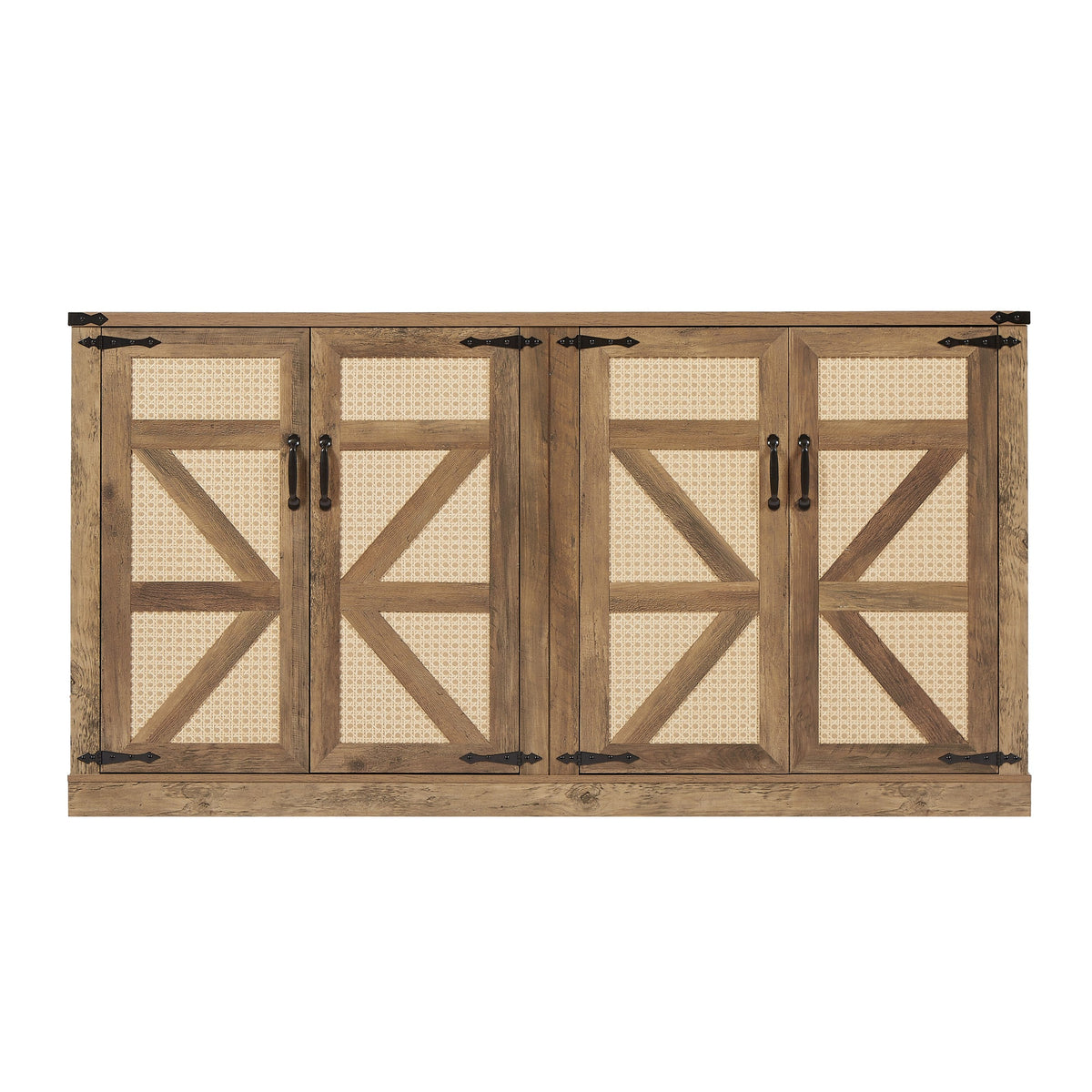 Rustic Oak Faux Rattan Sideboard Buffet, 65-Inch Storage