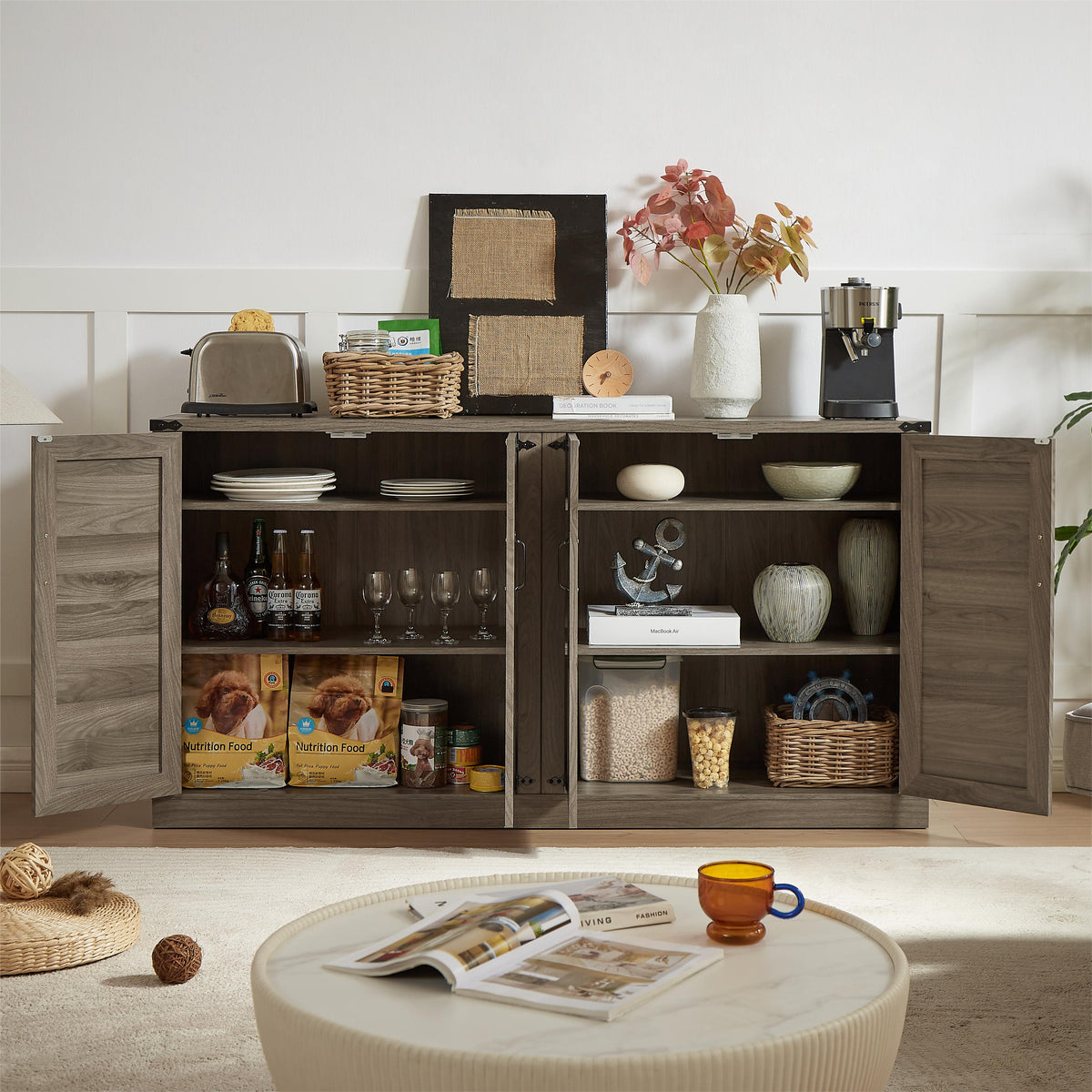 65-Inch Farmhouse Sideboard with Barn Doors and Storage