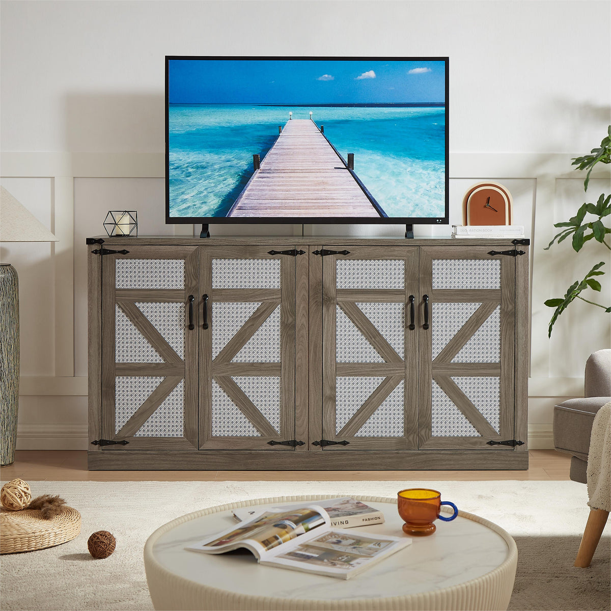 65-Inch Farmhouse Sideboard with Barn Doors and Storage