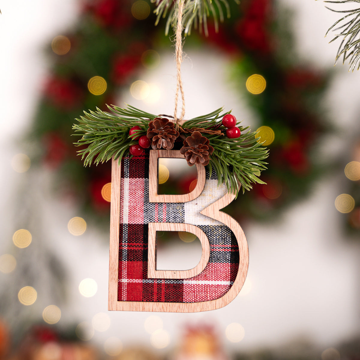 Plaid Letter Christmas Ornament - Rustic Wood Tree Decor