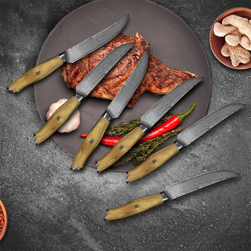 Damascus Steak Knives Set of 6 with Olive Wood Handles