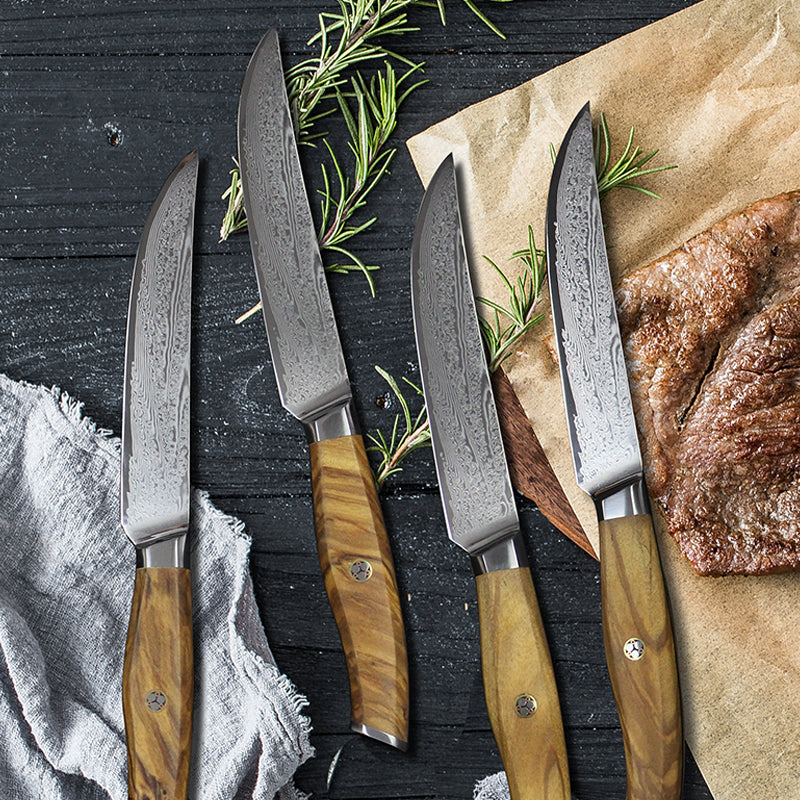 Damascus Steak Knives Set of 6 with Olive Wood Handles