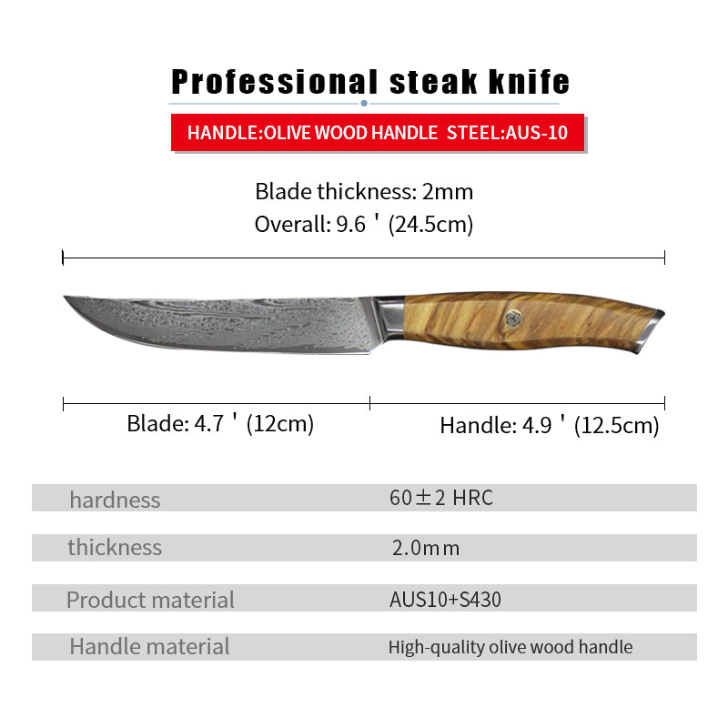 Damascus Steak Knives Set of 6 with Olive Wood Handles