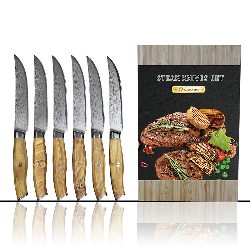 Damascus Steak Knives Set of 6 with Olive Wood Handles