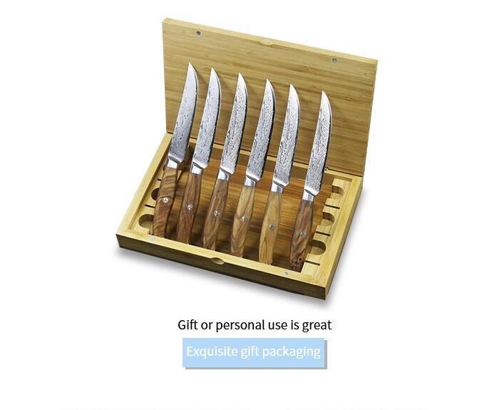 Damascus Steak Knives Set of 6 with Olive Wood Handles