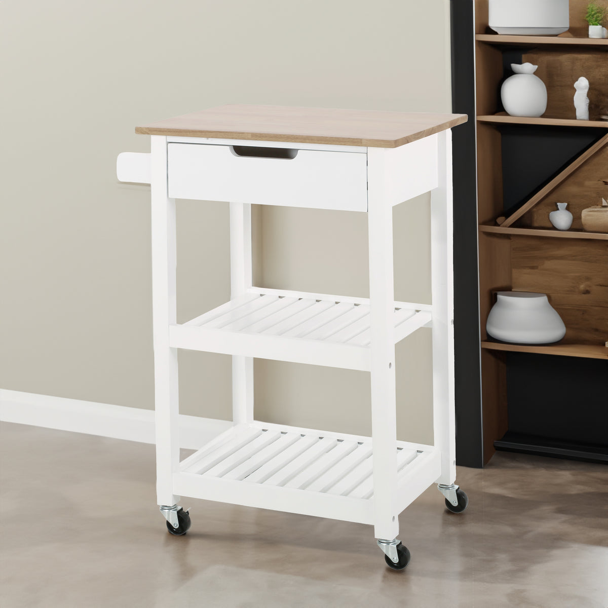 Kitchen Cart with Wood Top, Drawer and Wheels