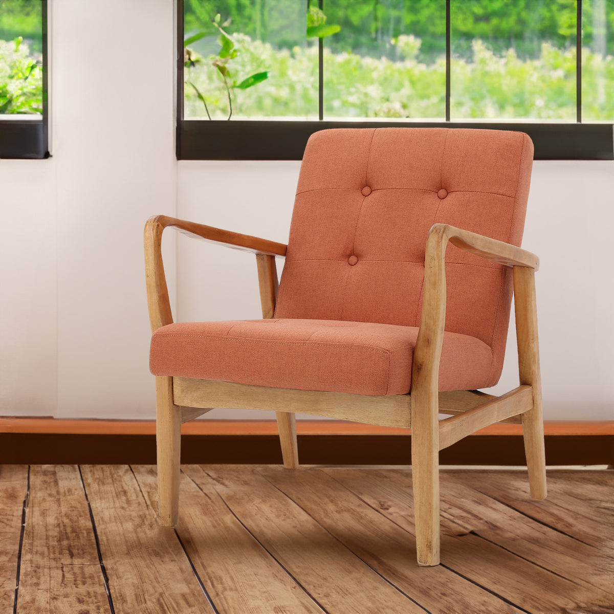 Mid-Century Accent Chair, Tufted Terracotta Linen-Look