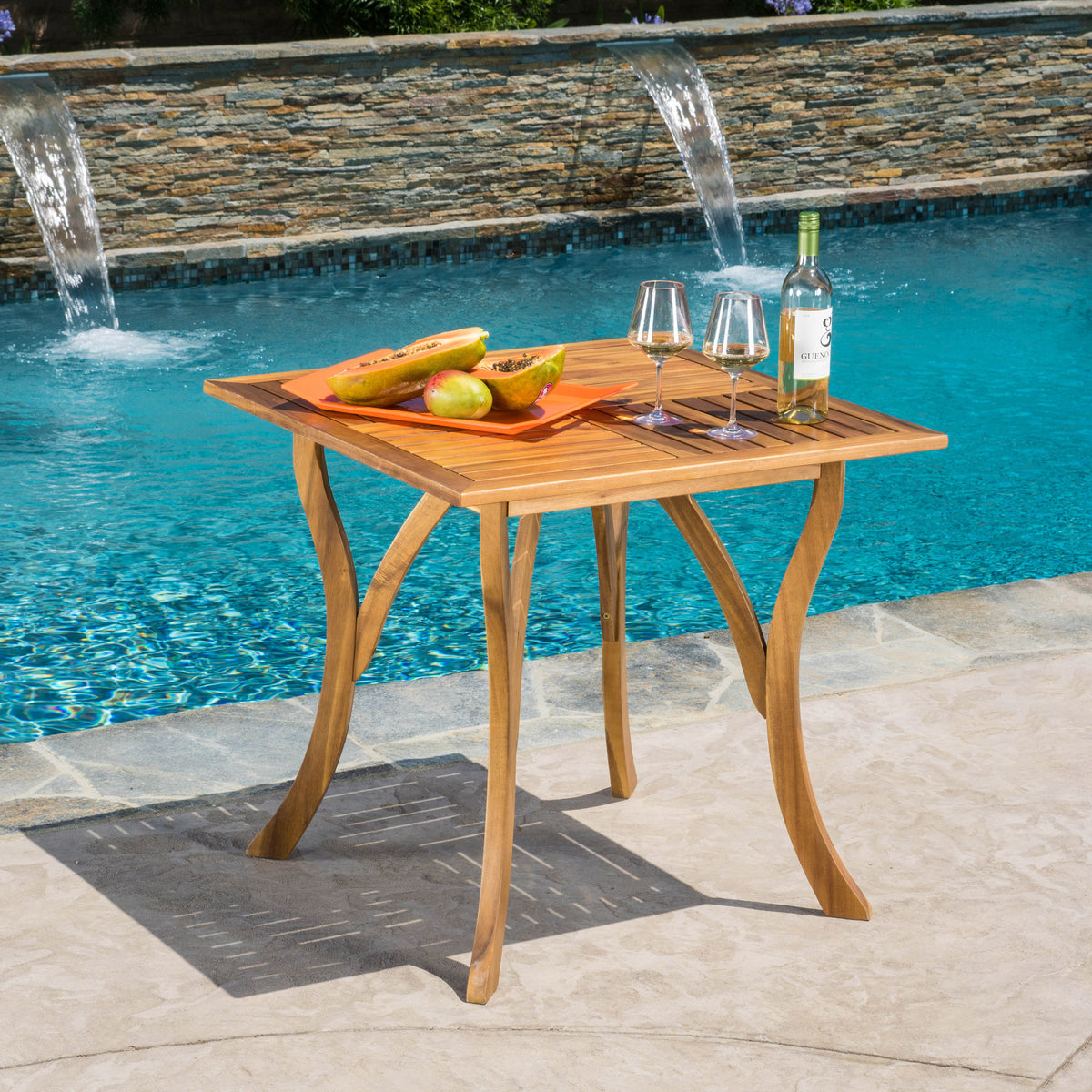 Teak-Finish Square Wood Patio Table for Two Outdoors