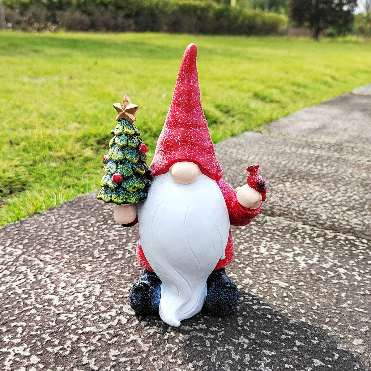 Christmas Gnome Figurine Holding Tree With Cardinal