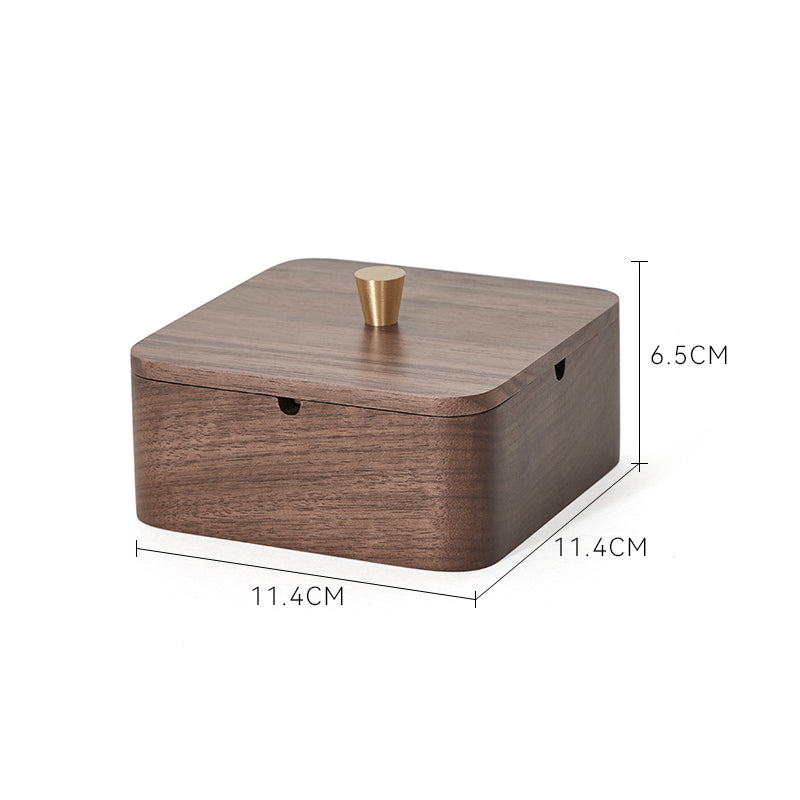 Covered Solid Walnut Wood Ashtray with Lid and Brass Knob