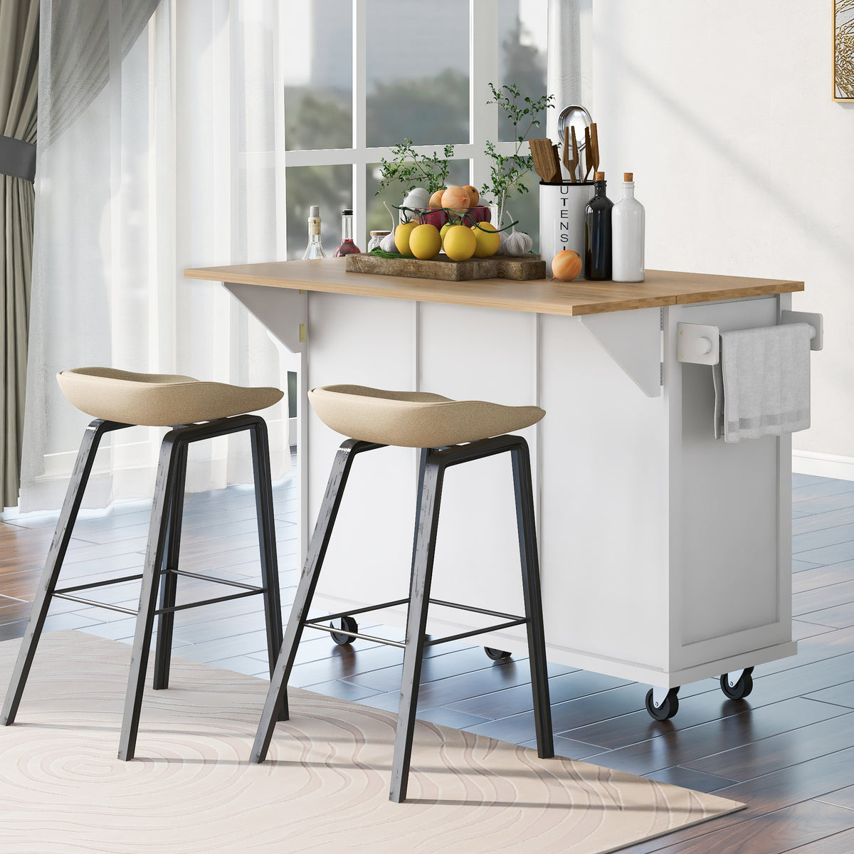 Rubber Wood Kitchen Island Cart with Drop Leaf Extensions