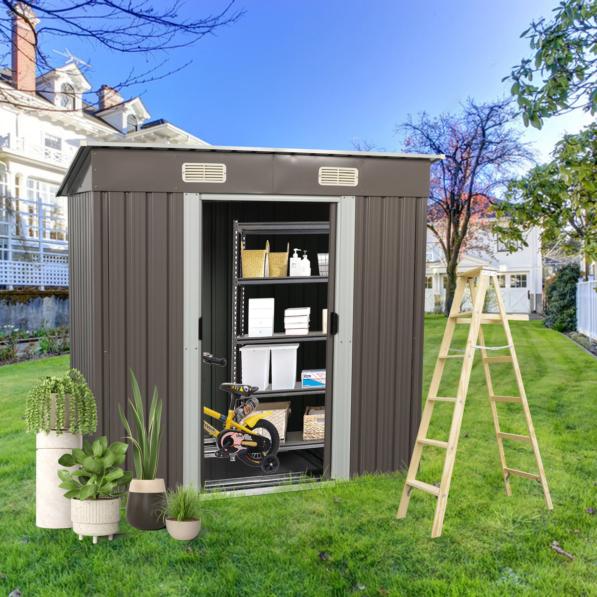 6ft x 4ft Metal Garden Shed with Lockable Sliding Doors