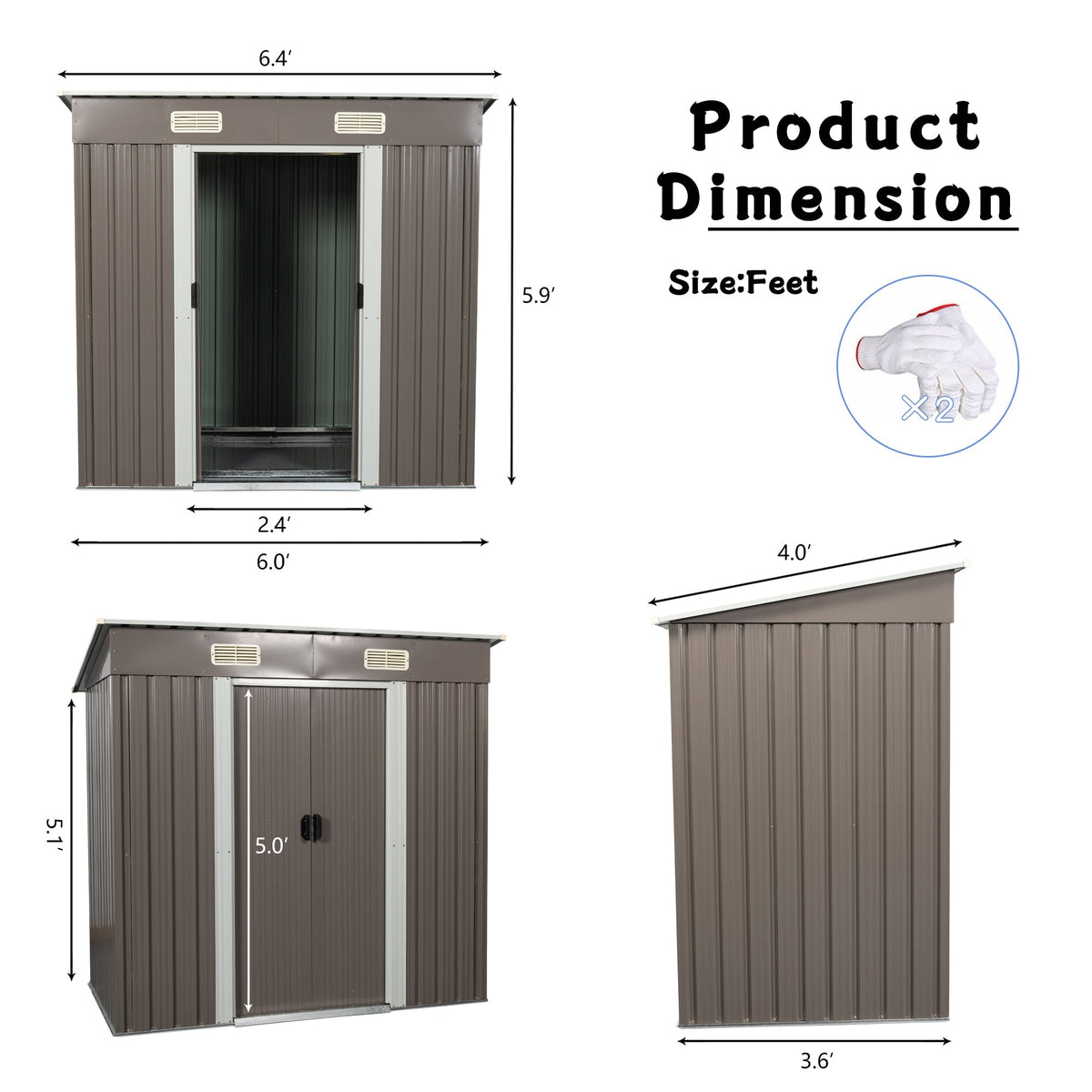 6ft x 4ft Metal Garden Shed with Lockable Sliding Doors