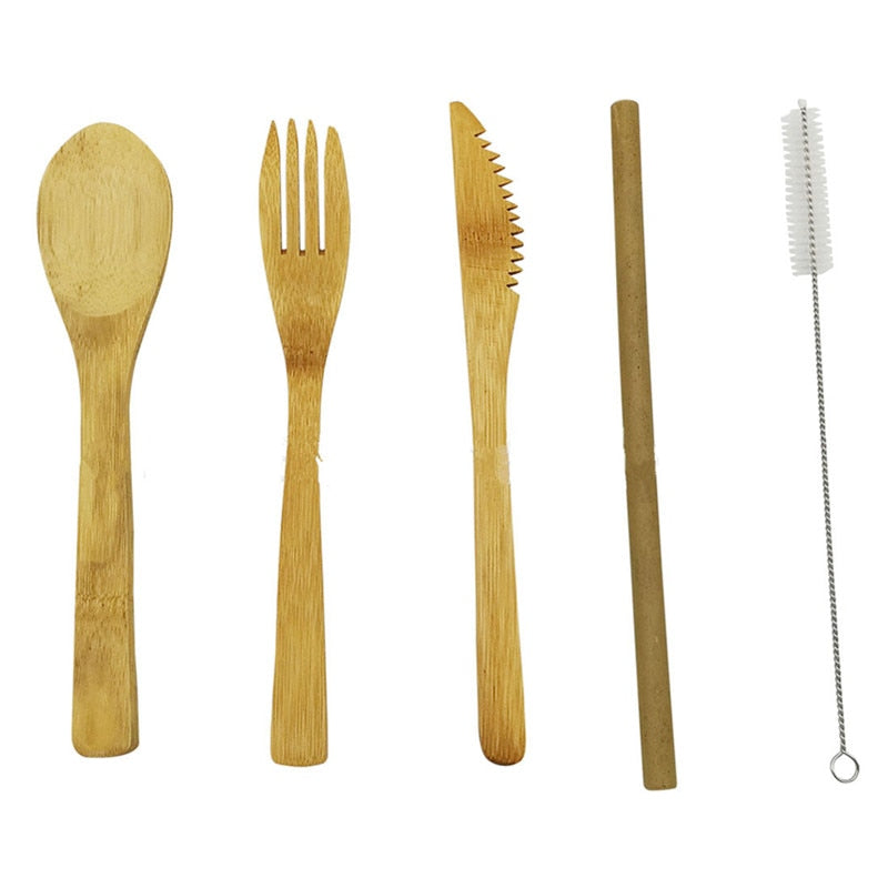 Reusable Bamboo Travel Cutlery Set with Straw & Pouch