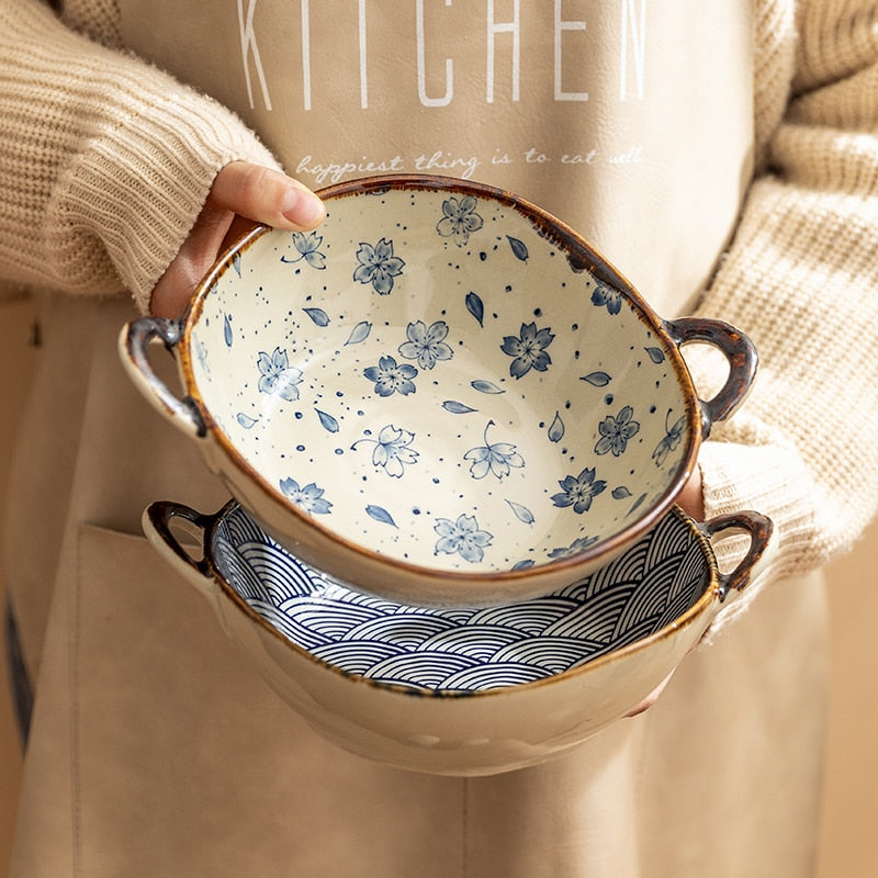Handled Japanese Ceramic Noodle Bowl, Microwave Safe