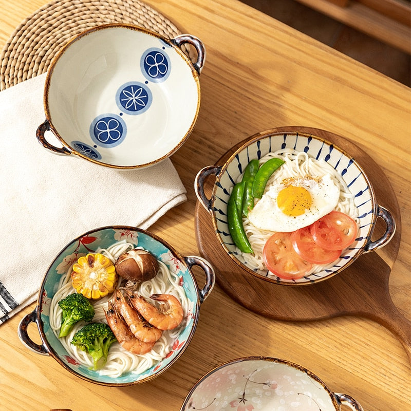 Handled Japanese Ceramic Noodle Bowl, Microwave Safe