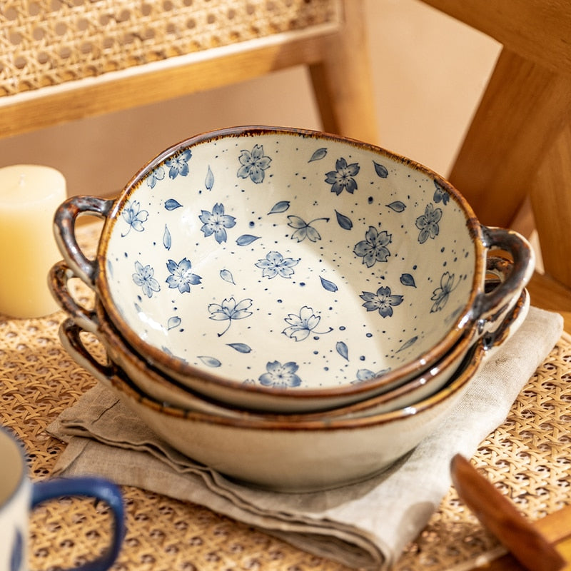Handled Japanese Ceramic Noodle Bowl, Microwave Safe
