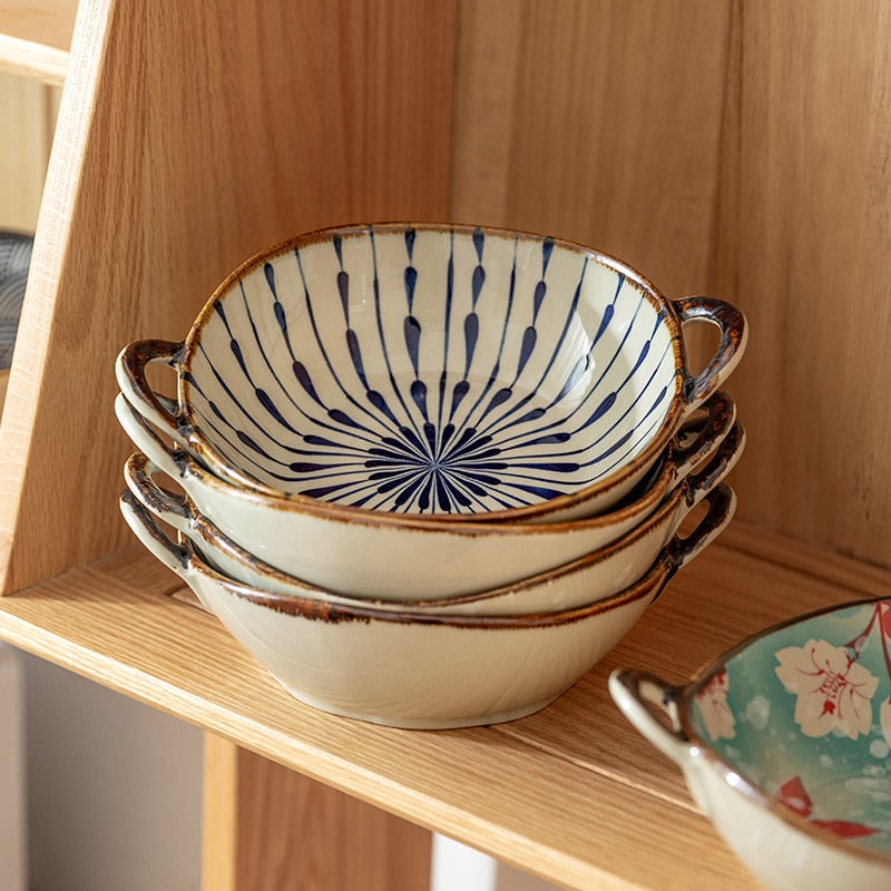Handled Japanese Ceramic Noodle Bowl, Microwave Safe