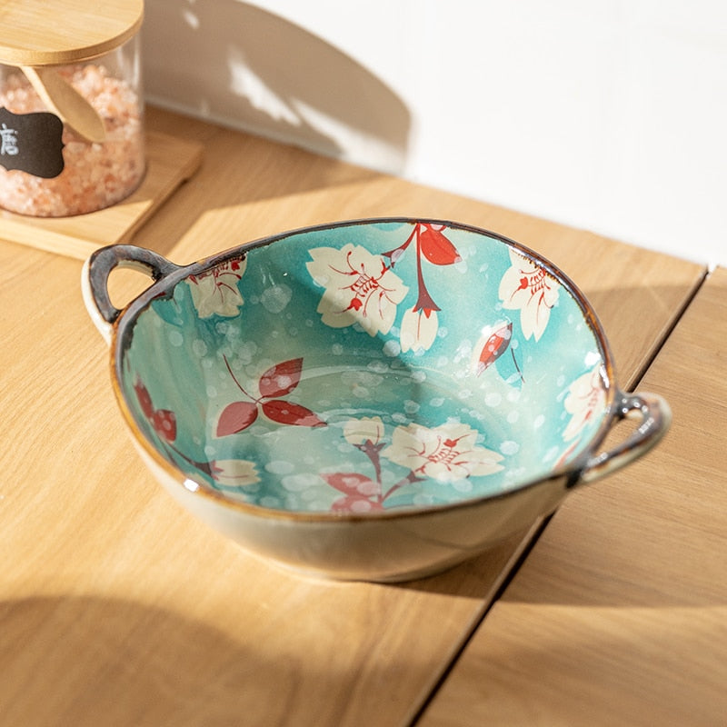 Handled Japanese Ceramic Noodle Bowl, Microwave Safe