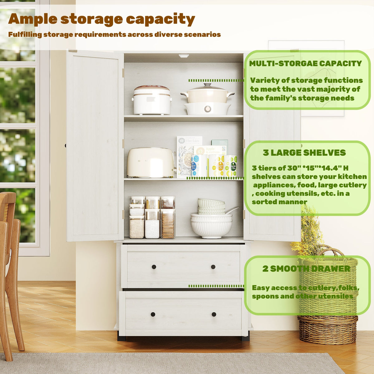 70 Inch Kitchen Pantry Cabinet with Drawers and Shelves