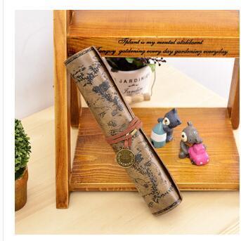 Retro Leather Pencil Case Roll-Up with Vintage Map Print