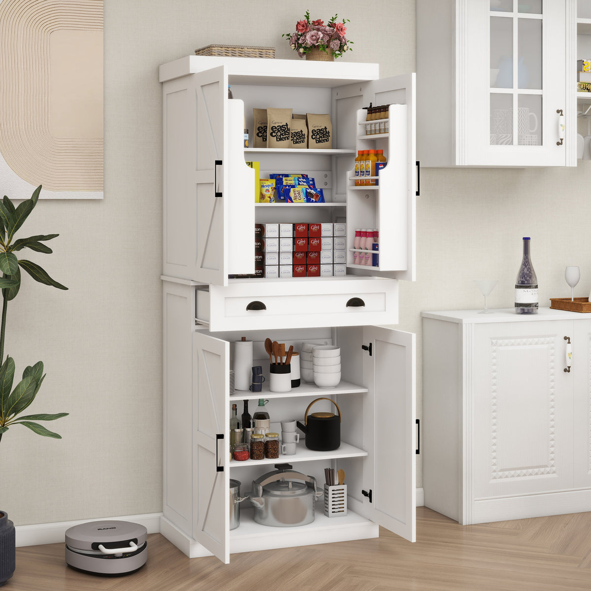 71" Farmhouse Pantry Cabinet with Doors and Drawer