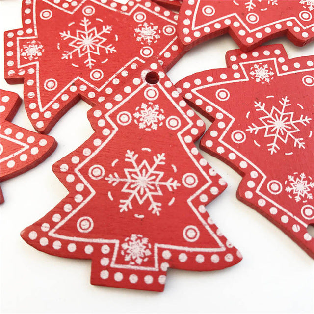 Wooden Christmas Tree Ornaments, 10-Piece Coordinated Decor