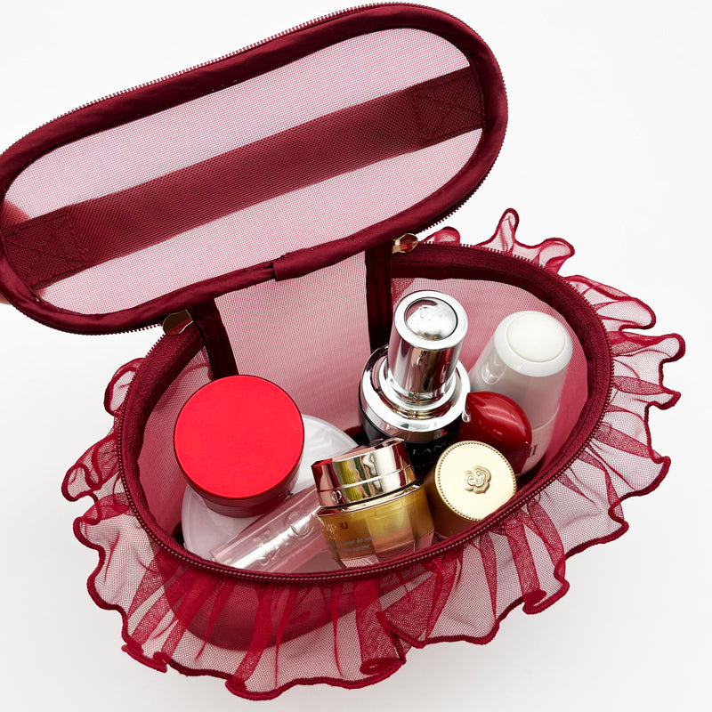 Sheer Mesh Makeup Bag with Lace Trim and Hearts