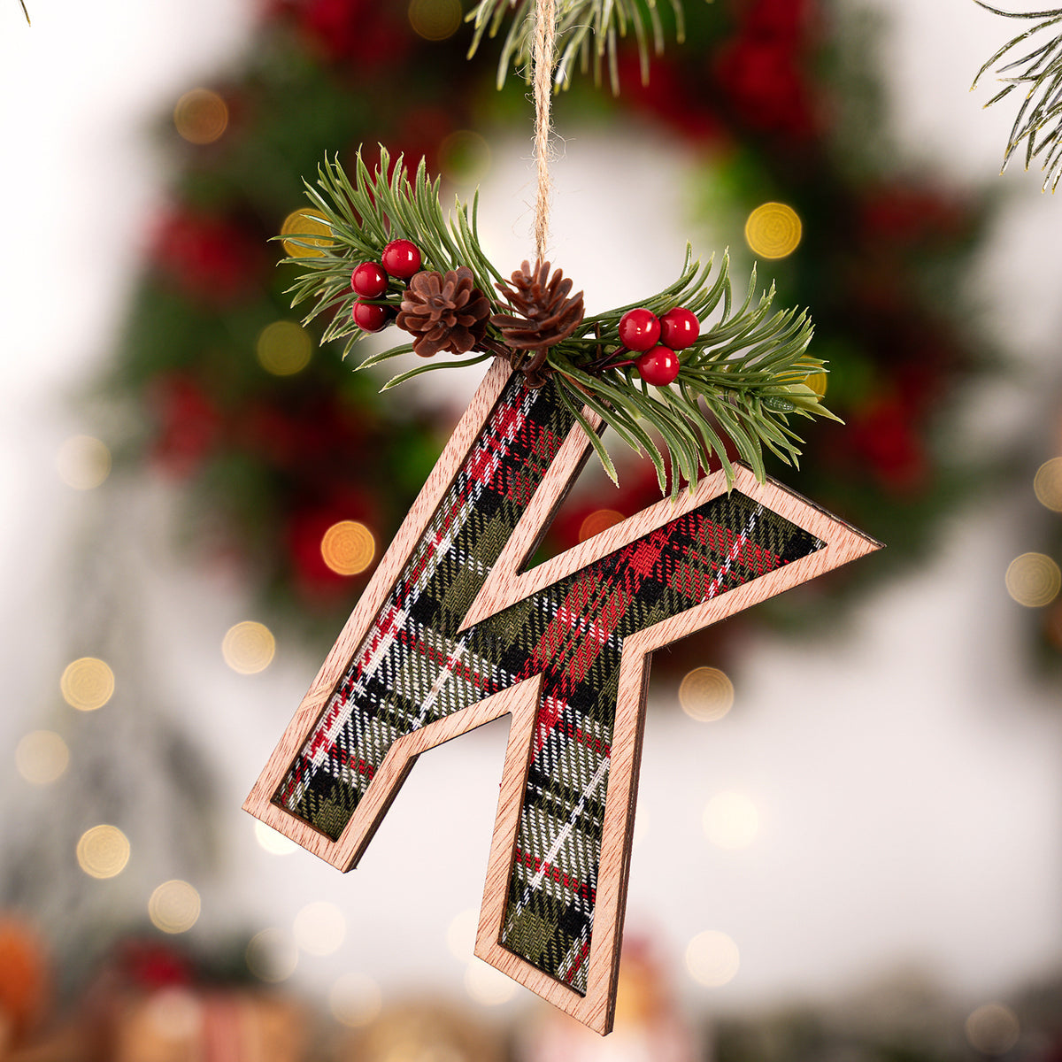 Plaid Letter Christmas Ornament - Rustic Wood Tree Decor