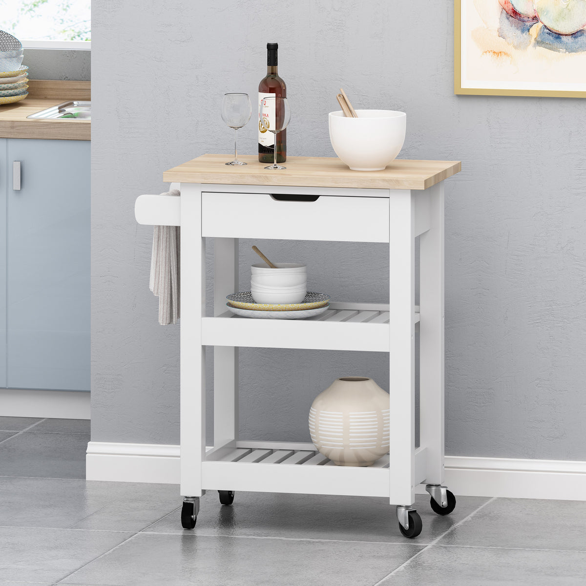 Kitchen Cart with Wood Top, Drawer and Wheels