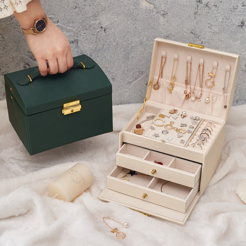 Leather Jewelry Box with Lock, 3-Layer Storage Case
