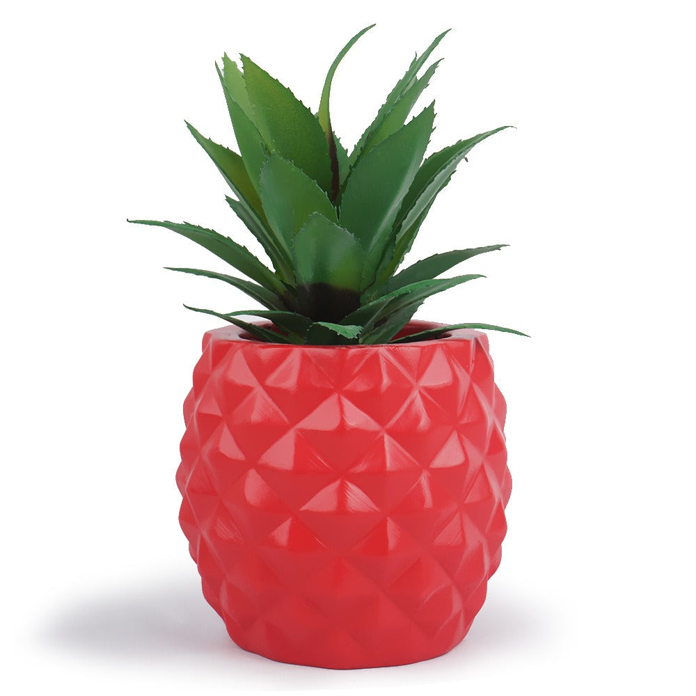 Red Pineapple Planter with Faux Agave for Desk Decor