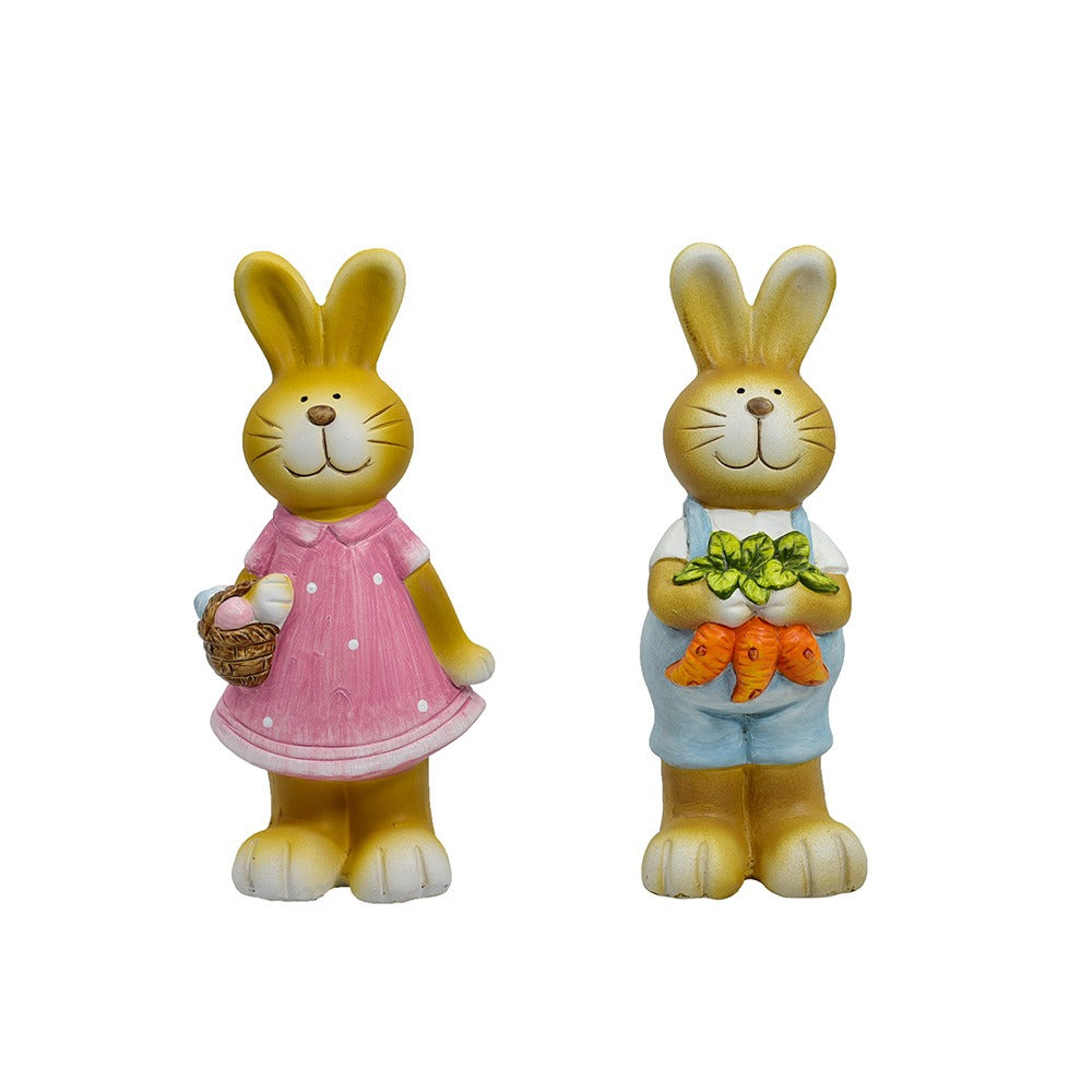 Ceramic Bunny Garden Statues Pair for Easter Lawn Decor