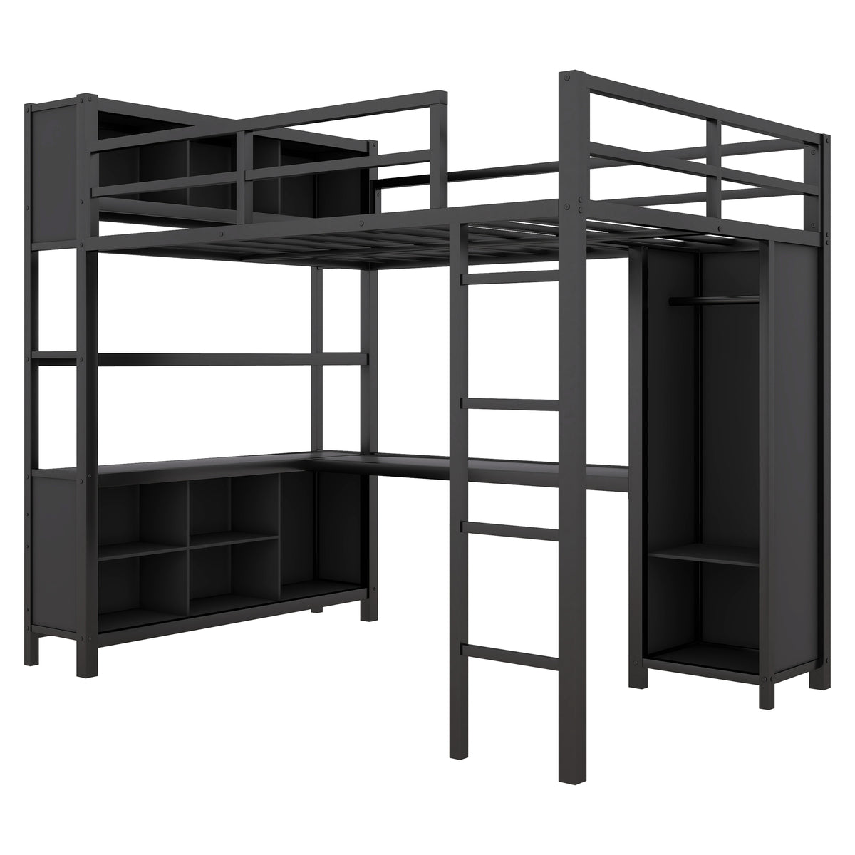 Full-Size Metal Loft Bed with Desk, Wardrobe & Storage