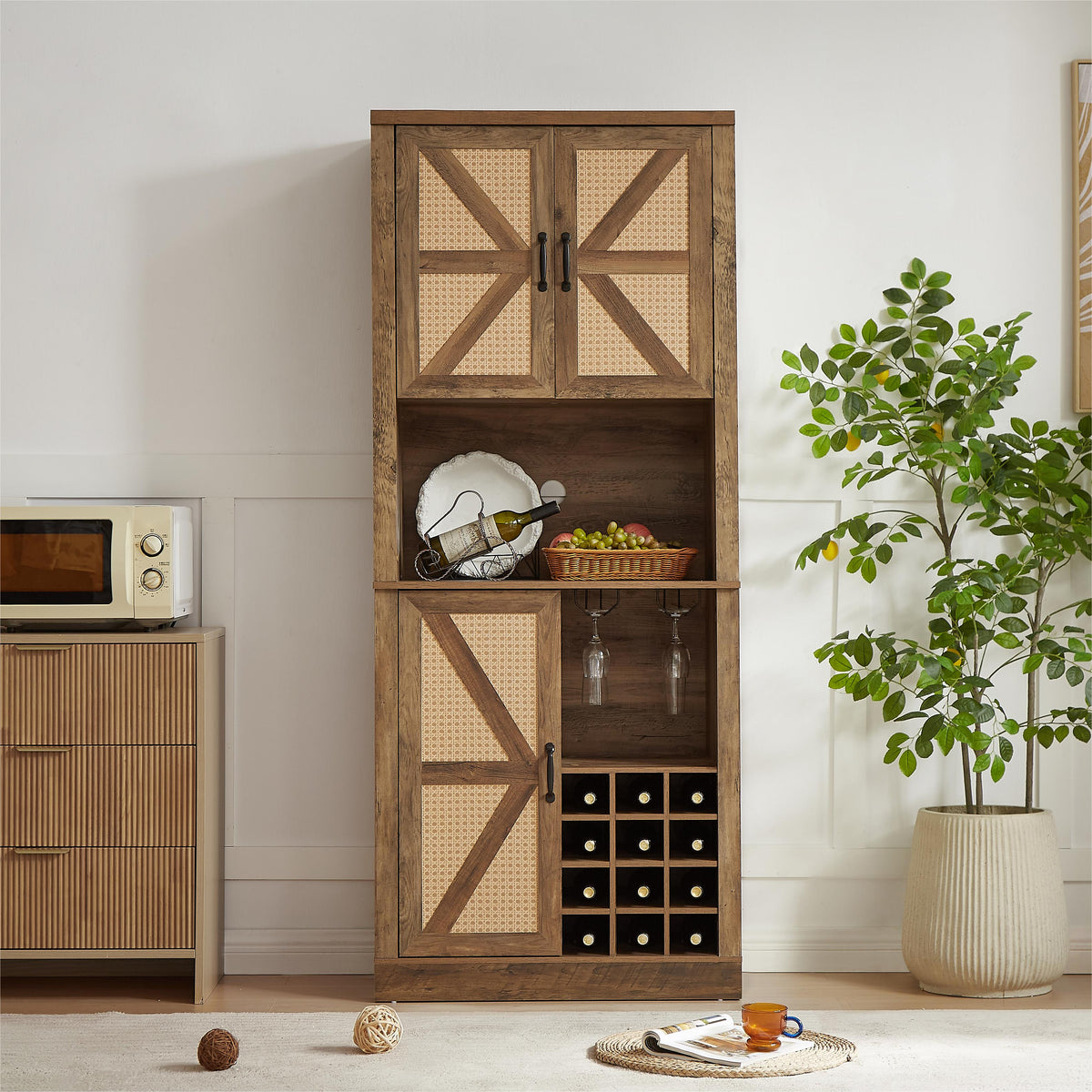 Farmhouse Kitchen Wine Cabinet with Rattan Doors & Storage