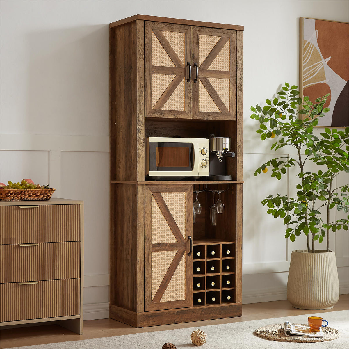 Farmhouse Kitchen Wine Cabinet with Rattan Doors & Storage