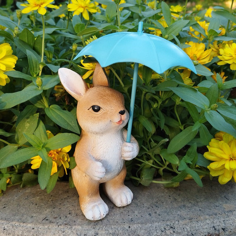 Garden Bunny Figurine with Teal Umbrella for Patio Decor