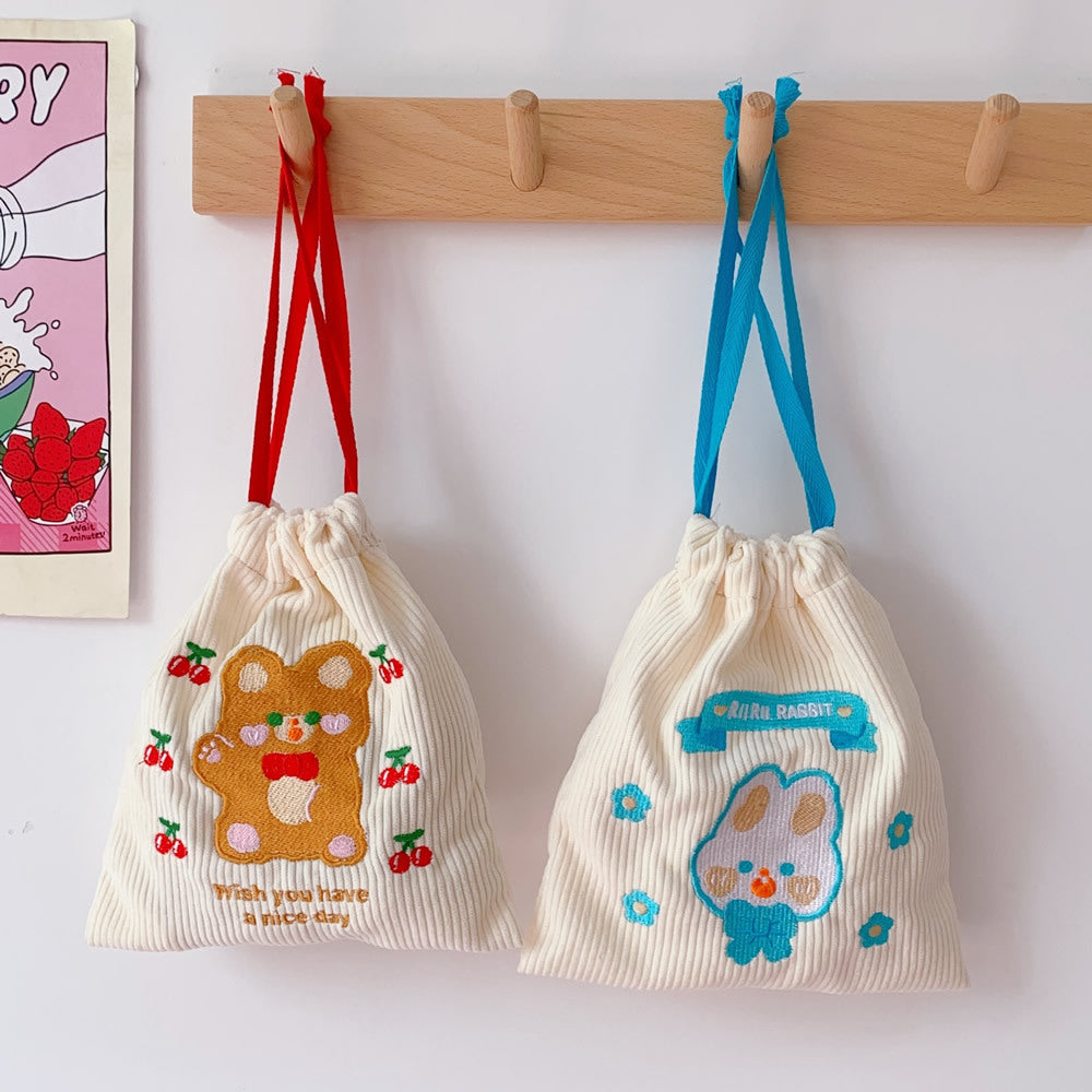 Embroidered Corduroy Drawstring Pouch for Small Items