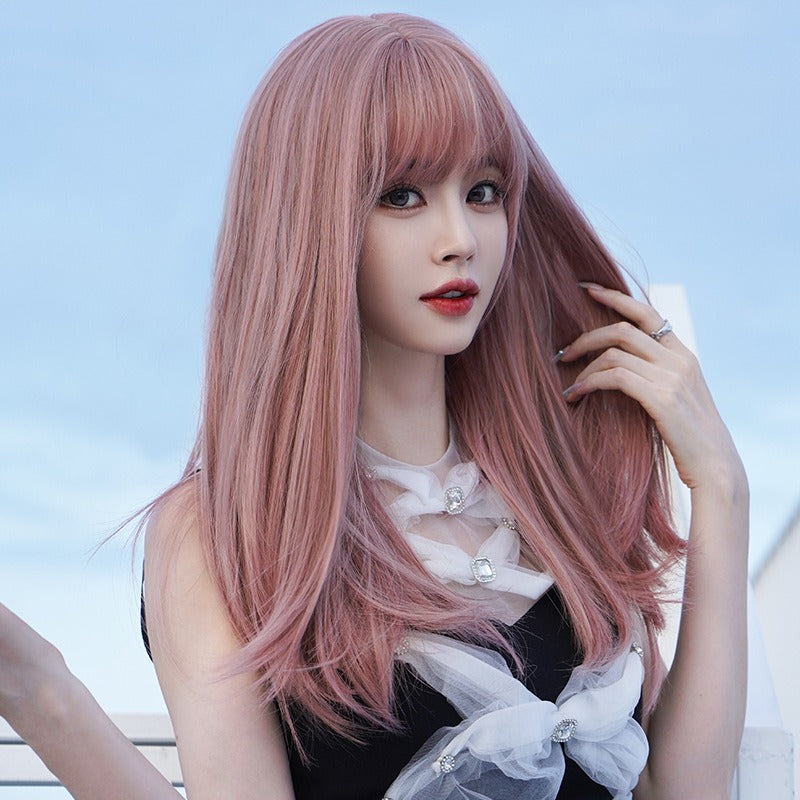 Pink Long Hair Wig with Air Bangs for Instant Style