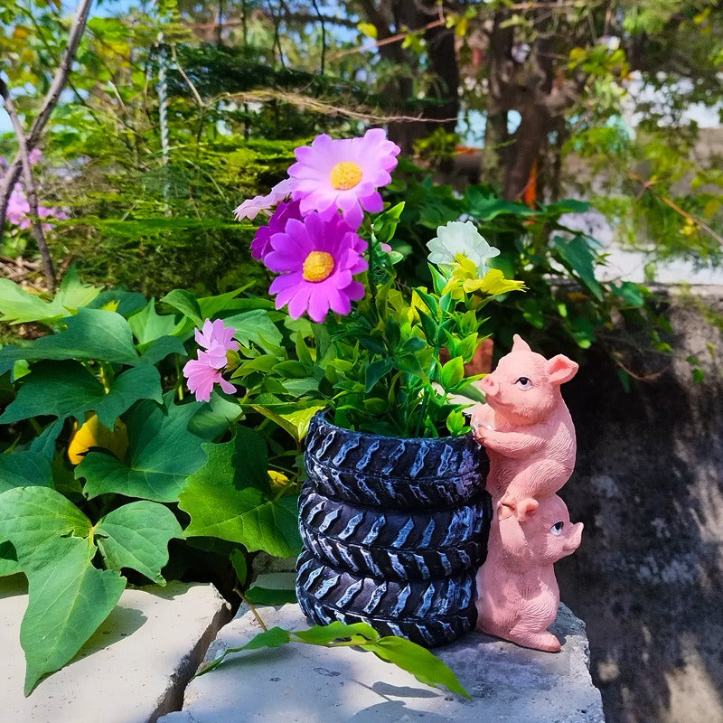 Pig Tire Flower Pot for Garden Decor, Quirky Planter