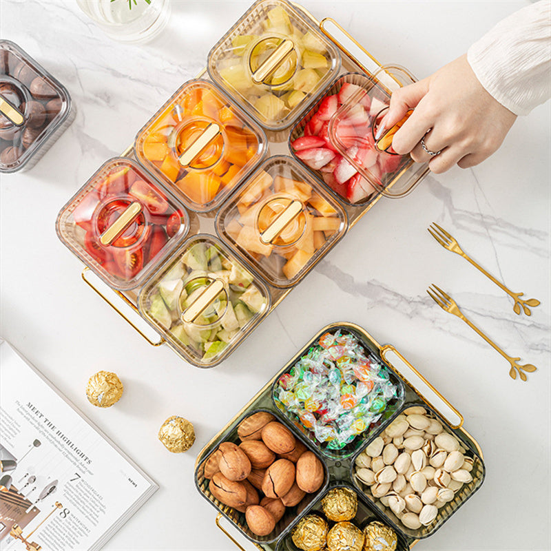 Divided Fruit and Snack Tray with Lids and Gold Handle