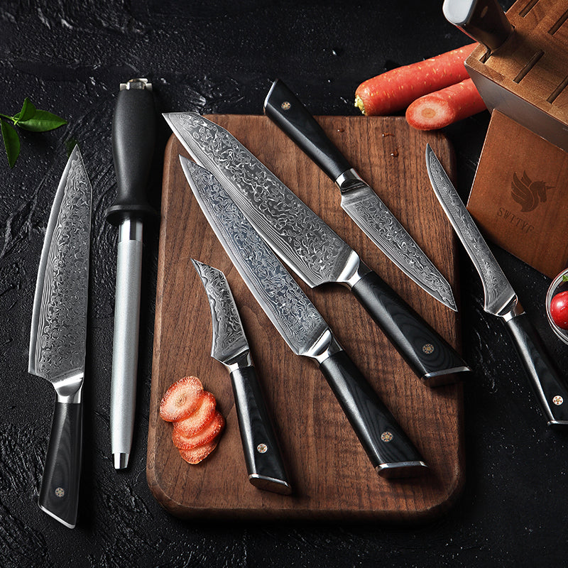7-Piece Damascus Knife Set, VG10 Steel, Long-Lasting Edge