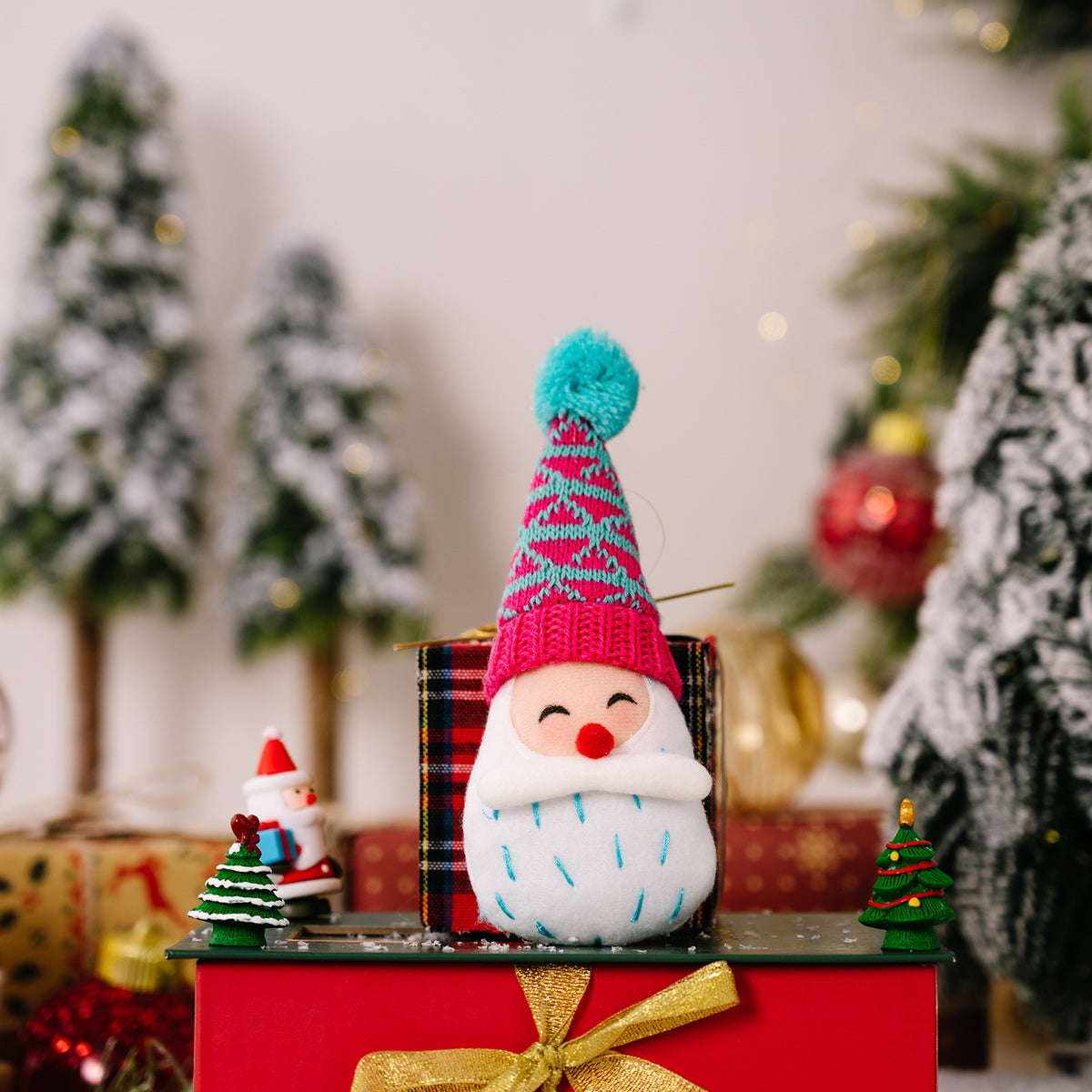 Plush Pom-Pom Santa & Snowman Ornament Set of 2