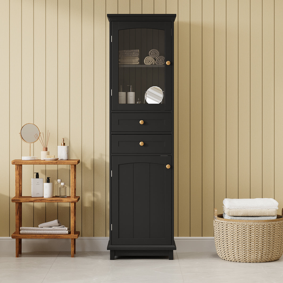 Tall Bathroom Storage Cabinet with Glass Door and Drawers
