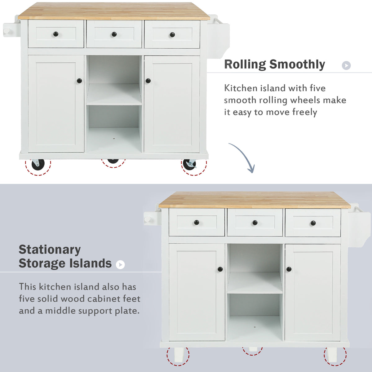 Rubber Wood Kitchen Island Cart with Drop Leaf Extensions