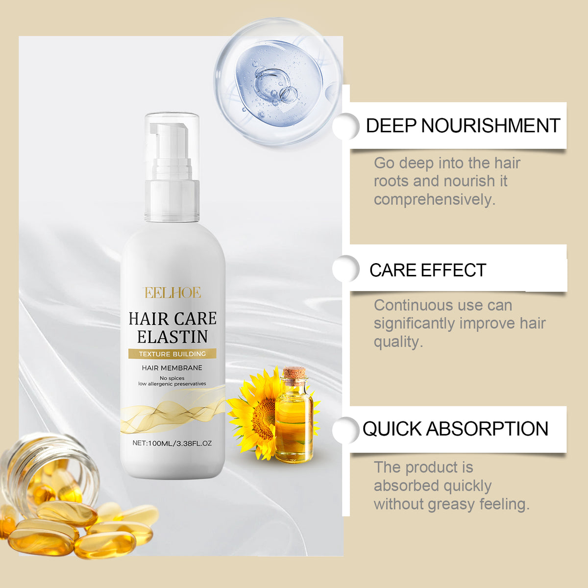 Hair Elastin Treatment for Moisture, Shine & Elasticity