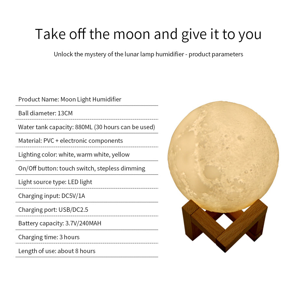 3D Moon Lamp Humidifier with Night Light, 880ml Tank
