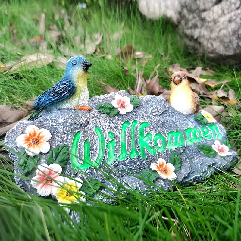 Garden Welcome Stone with Painted Birds and Flowers