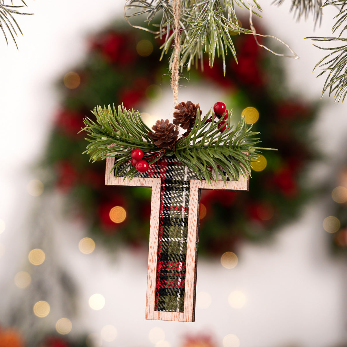 Plaid Letter Christmas Ornament - Rustic Wood Tree Decor